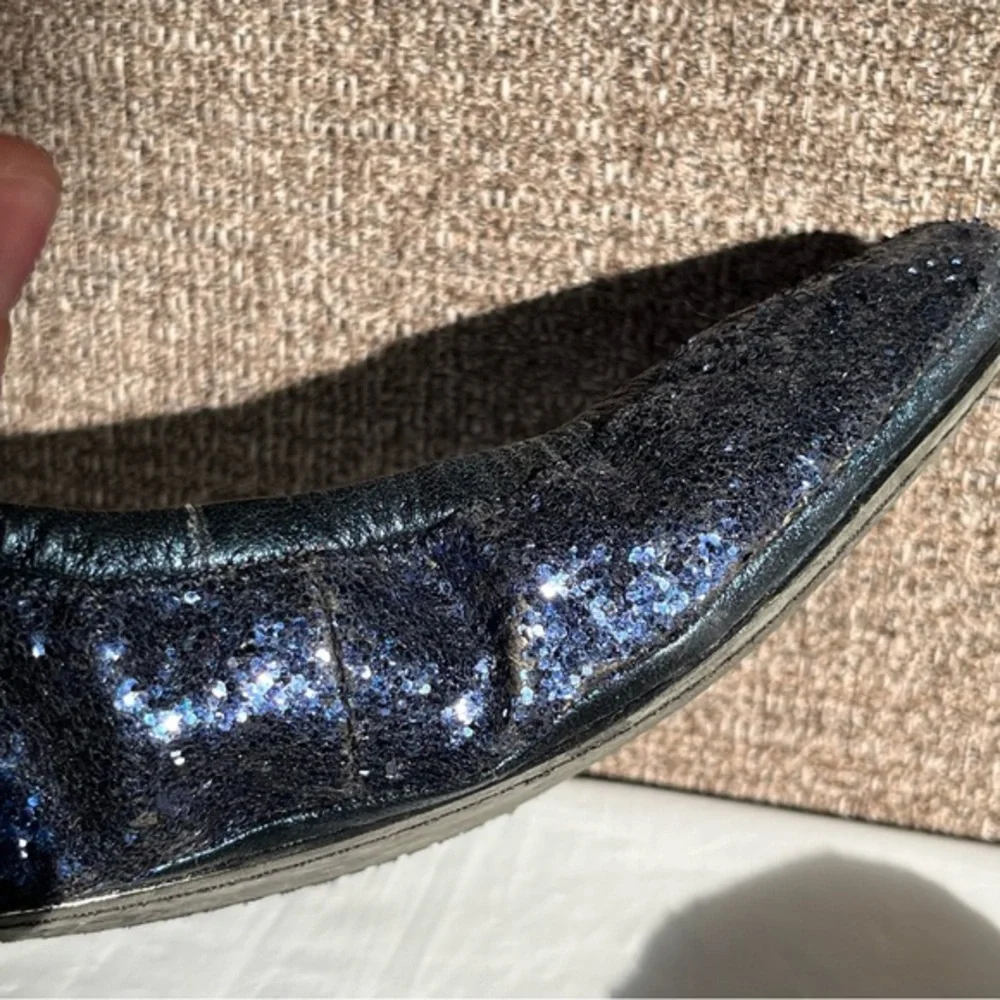 Tory Burch‎ Blue Sparkle Ballet Flats Womens Size 7.5 Leather Sole Slip On Logo